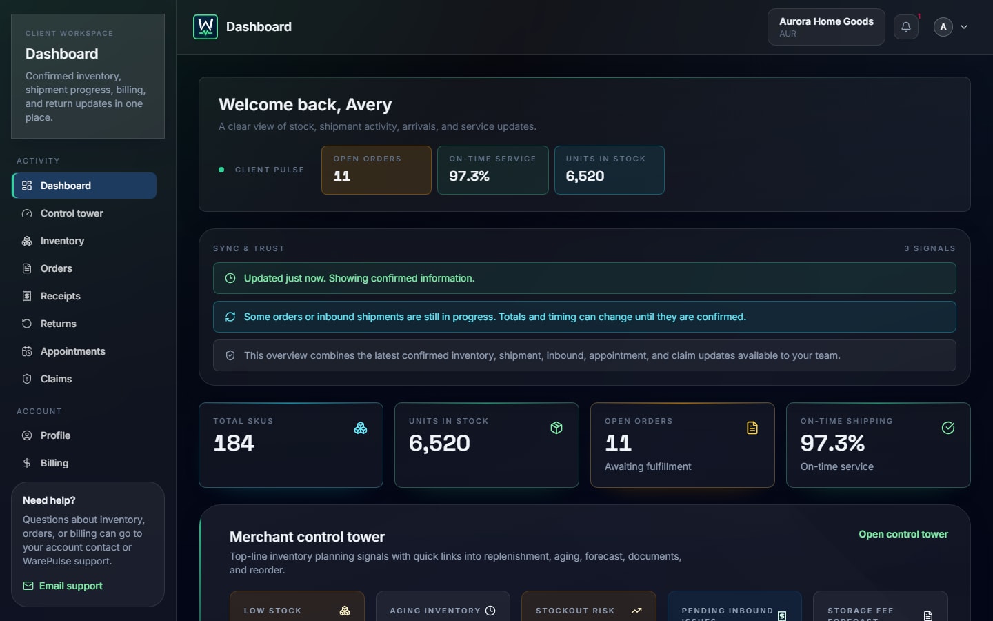 WarePulse customer portal dashboard with fulfillment activity and inventory health