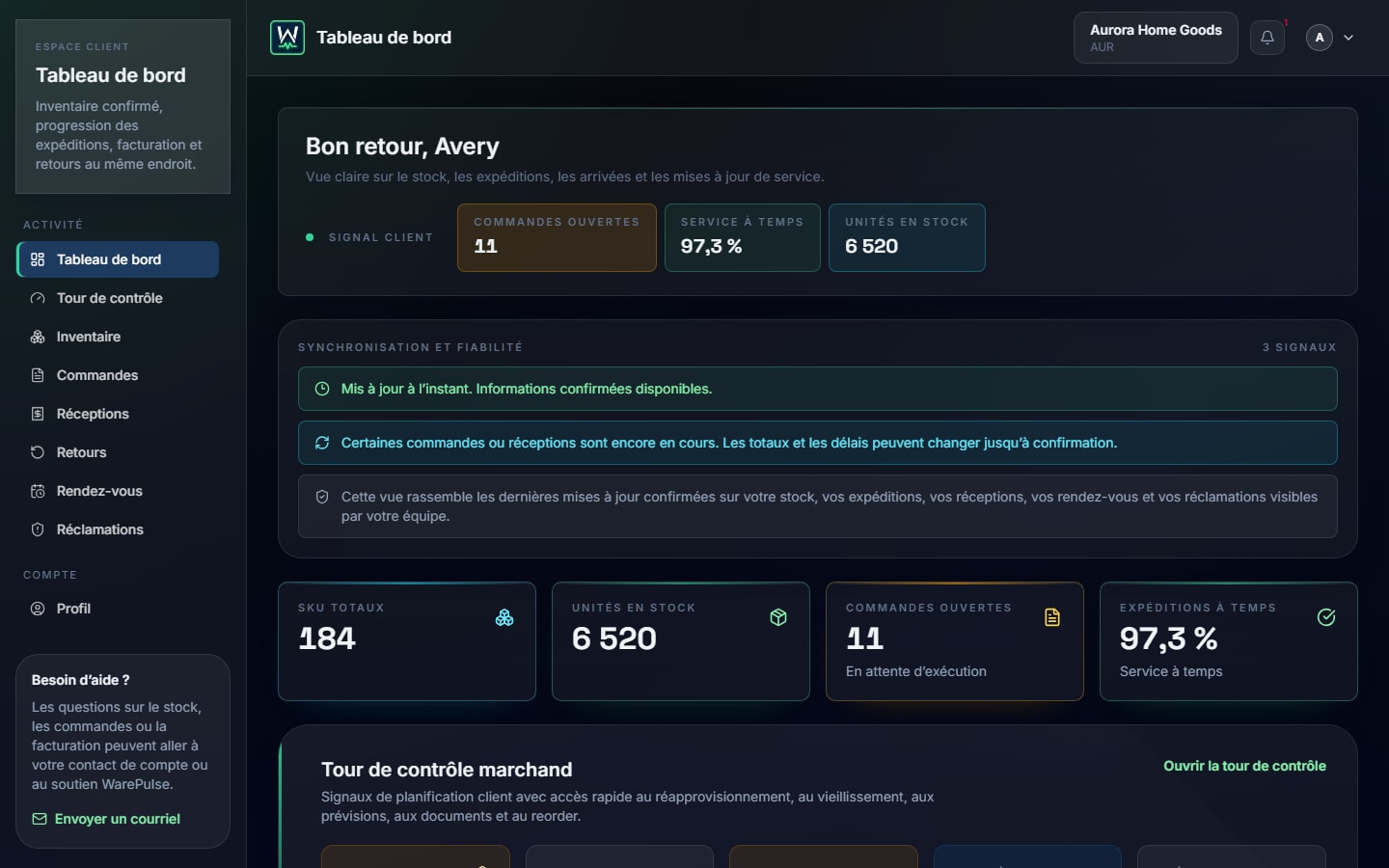 Tableau de bord client WarePulse avec activité de préparation et état des stocks