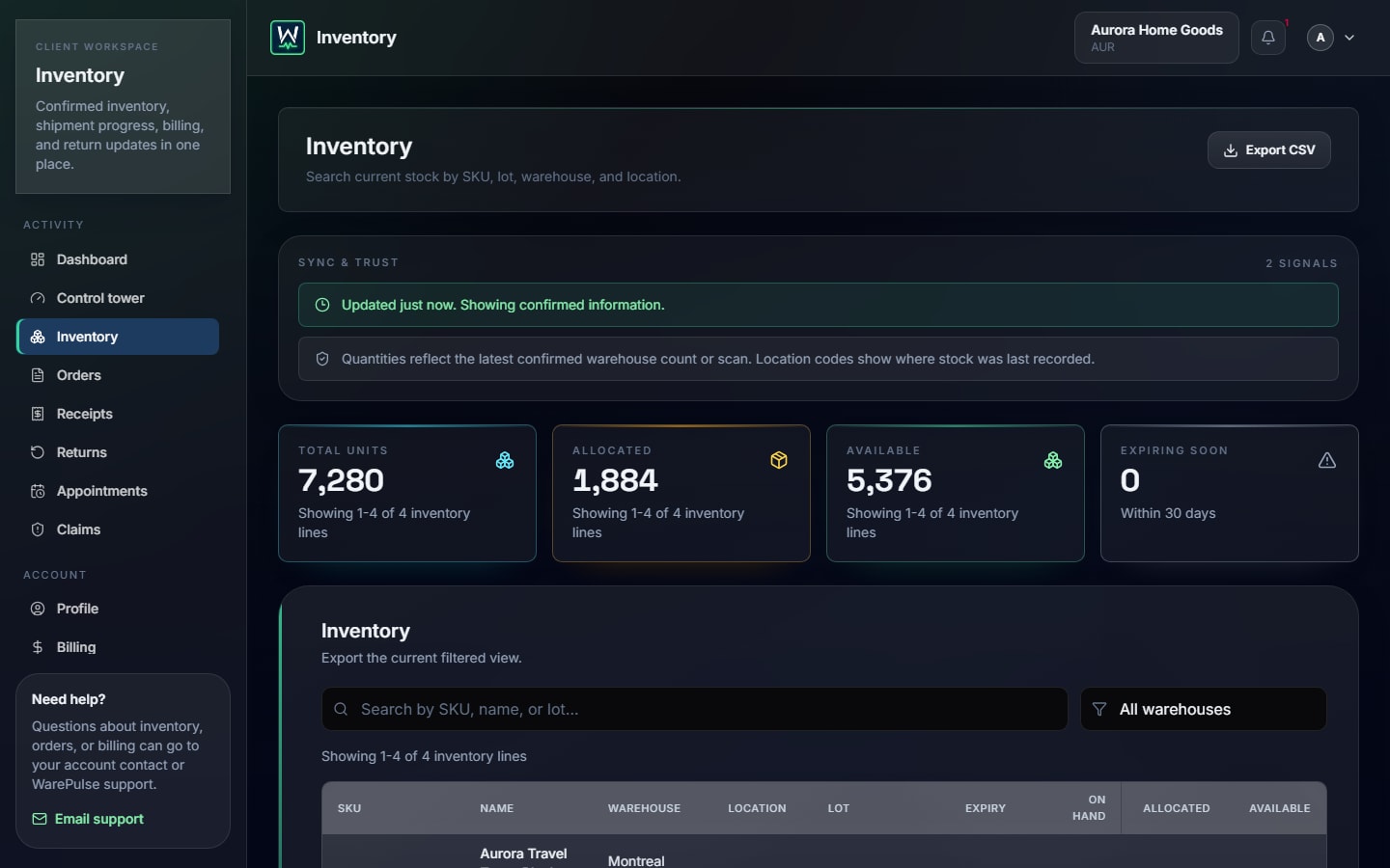 WarePulse customer inventory portal with confirmed stock, allocation, and available unit totals