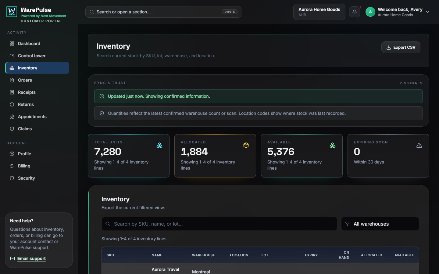WarePulse customer inventory portal with confirmed stock, allocation, and available unit totals