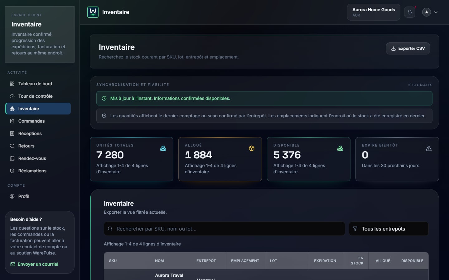 Portail inventaire client WarePulse avec stocks confirmés, allocations et unités disponibles