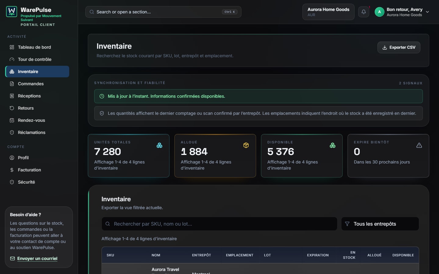 Portail inventaire client WarePulse avec stocks confirmés, allocations et unités disponibles