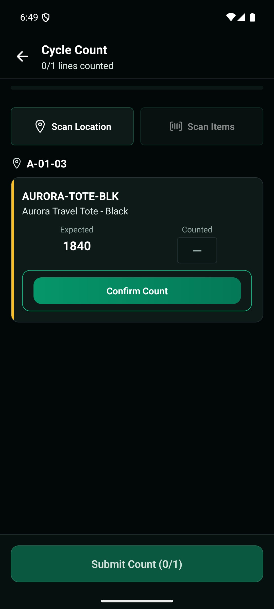 WarePulse mobile app cycle count workspace with locations, progress, and submission controls