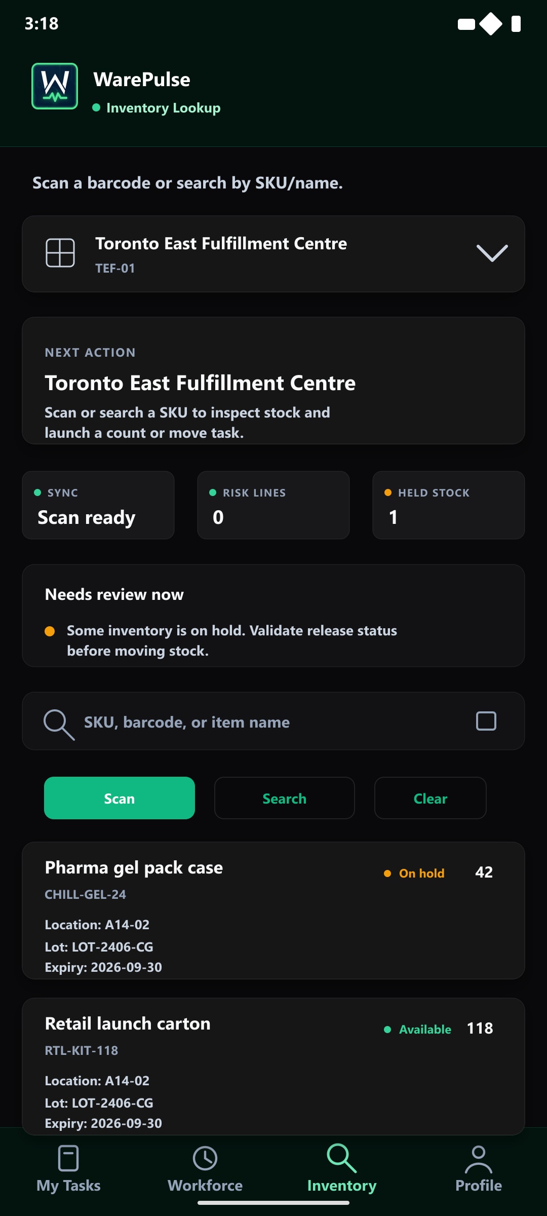 WarePulse mobile app inventory lookup screen for warehouse operators