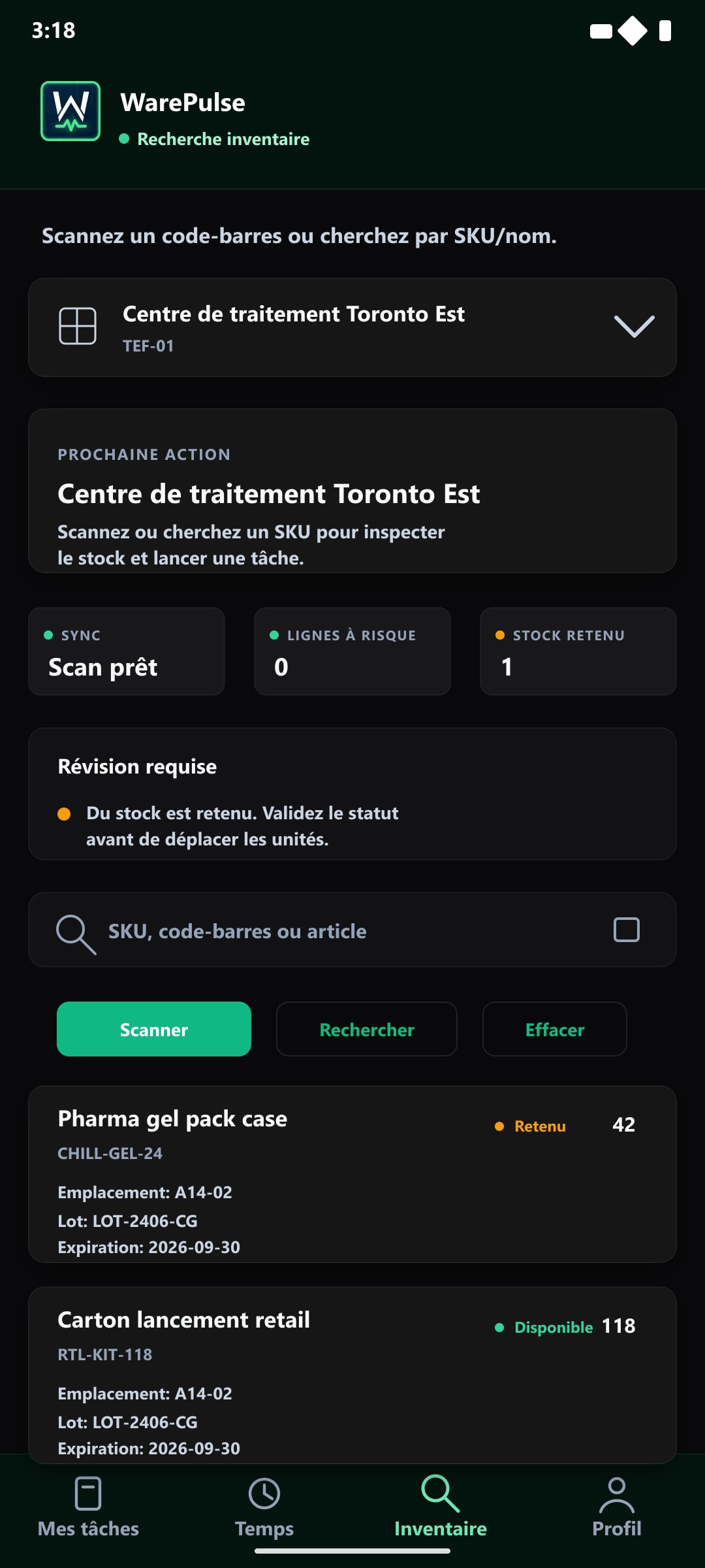 Application mobile WarePulse affichant la recherche d’inventaire pour les opérateurs