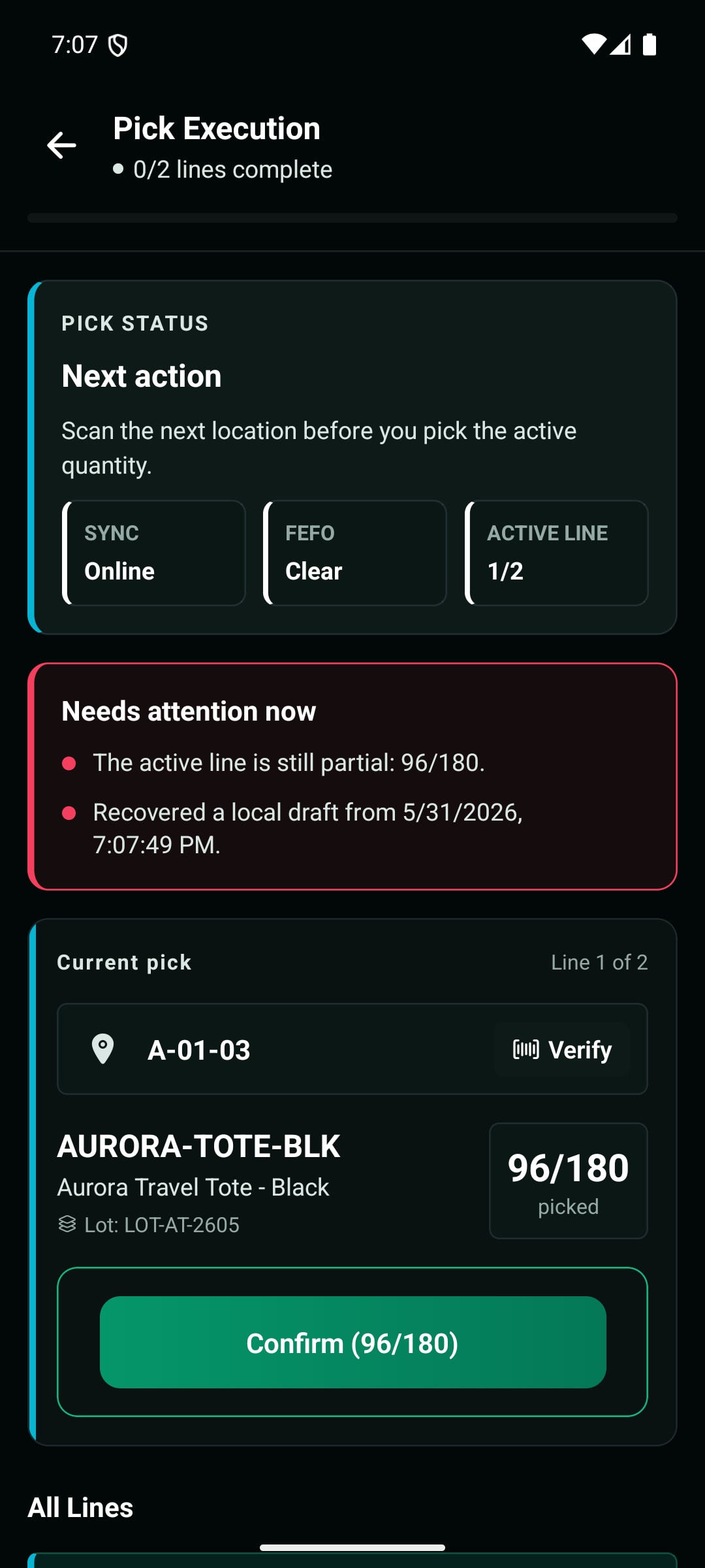 WarePulse mobile app pick execution screen with active line progress and scan actions