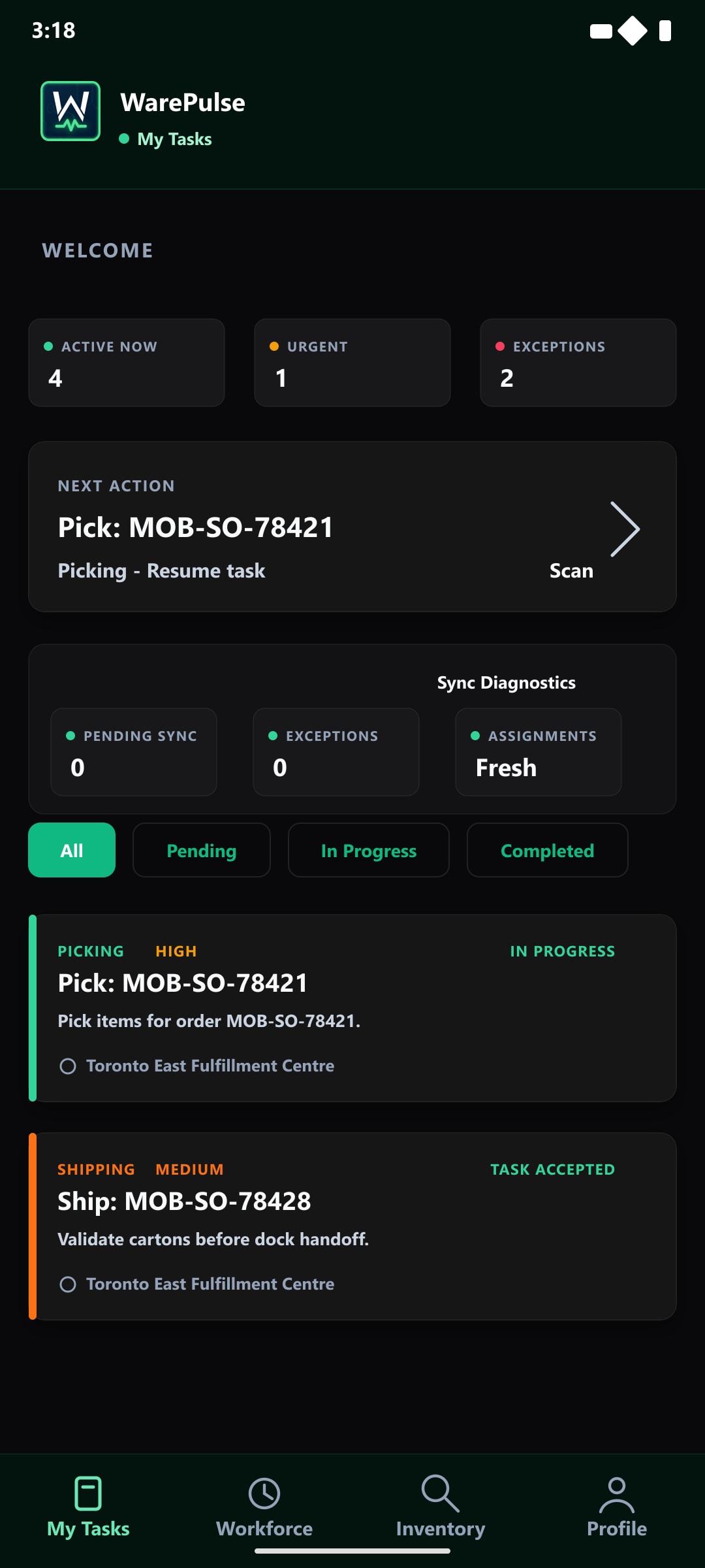 WarePulse mobile app task list and sync diagnostics for warehouse operators