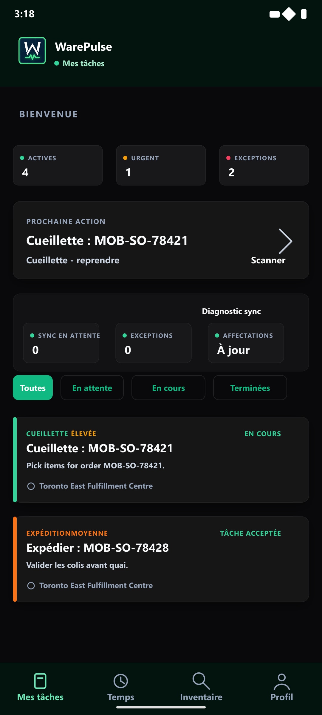 Application mobile WarePulse avec liste de tâches et synchronisation des opérations
