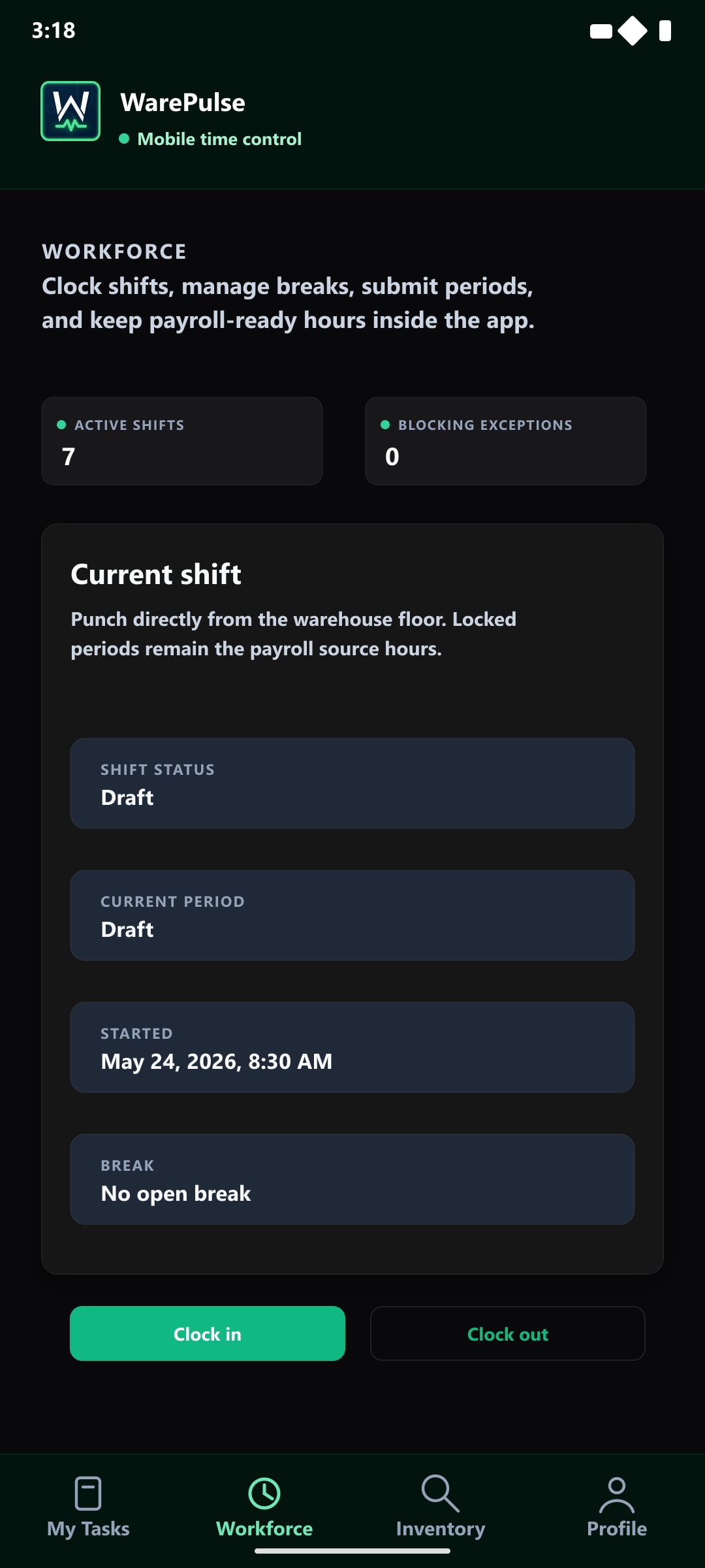 WarePulse mobile app task detail and execution workflow screen