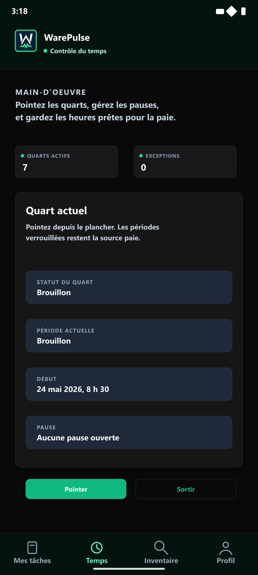 Application mobile WarePulse affichant le détail de tâche et le flux d’exécution