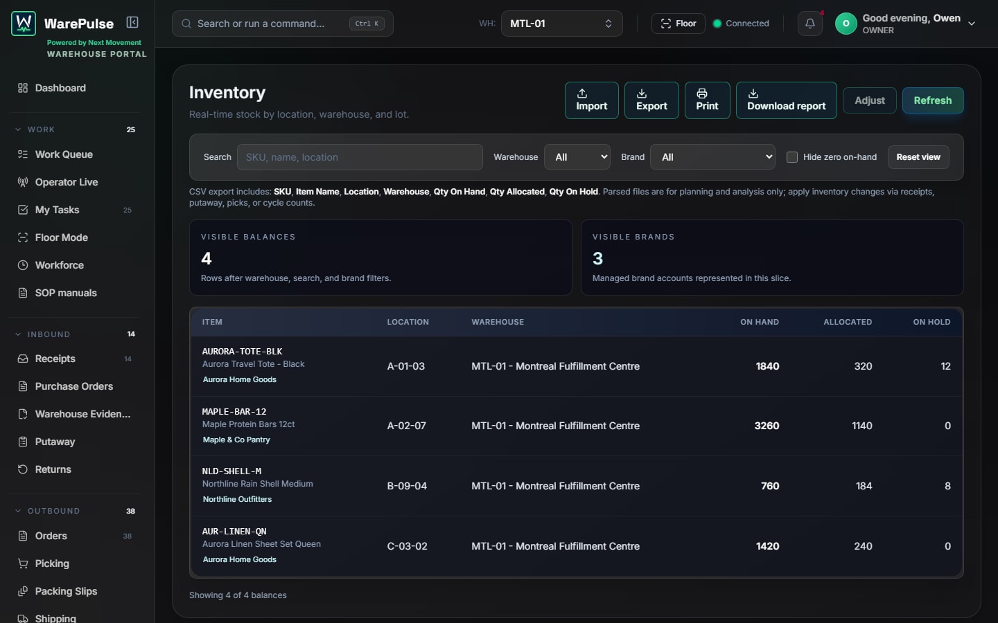 WarePulse operator inventory portal with stock controls, warehouse filters, and visible balances