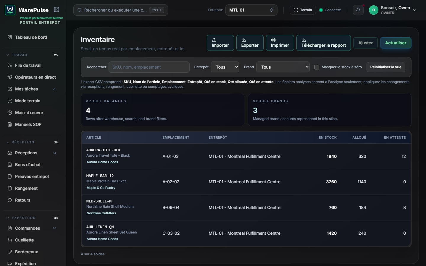 Portail inventaire opérateur WarePulse avec contrôles de stock, filtres entrepôt et soldes visibles