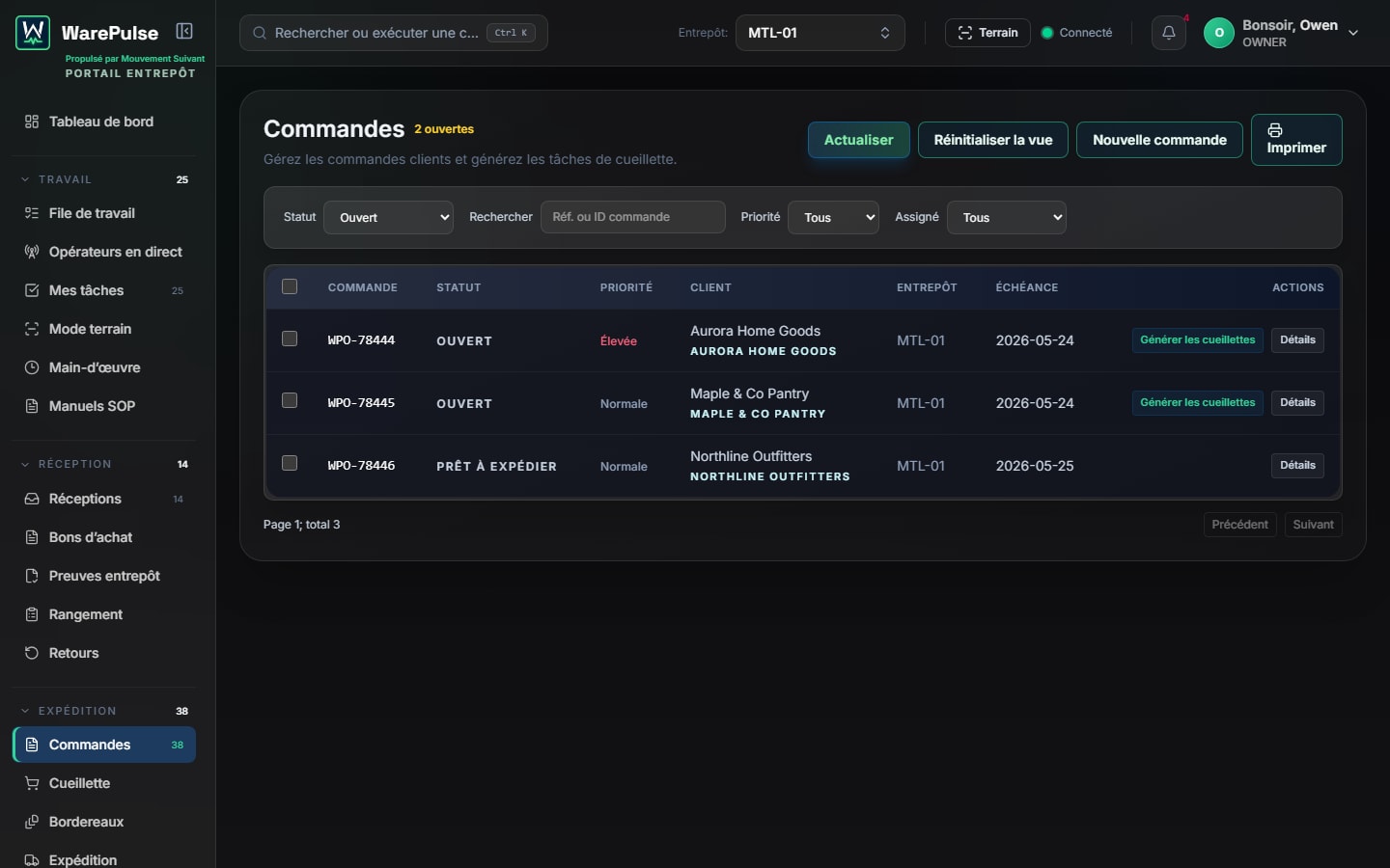 Écran commandes opérateur WarePulse avec commandes ouvertes et actions de cueillette