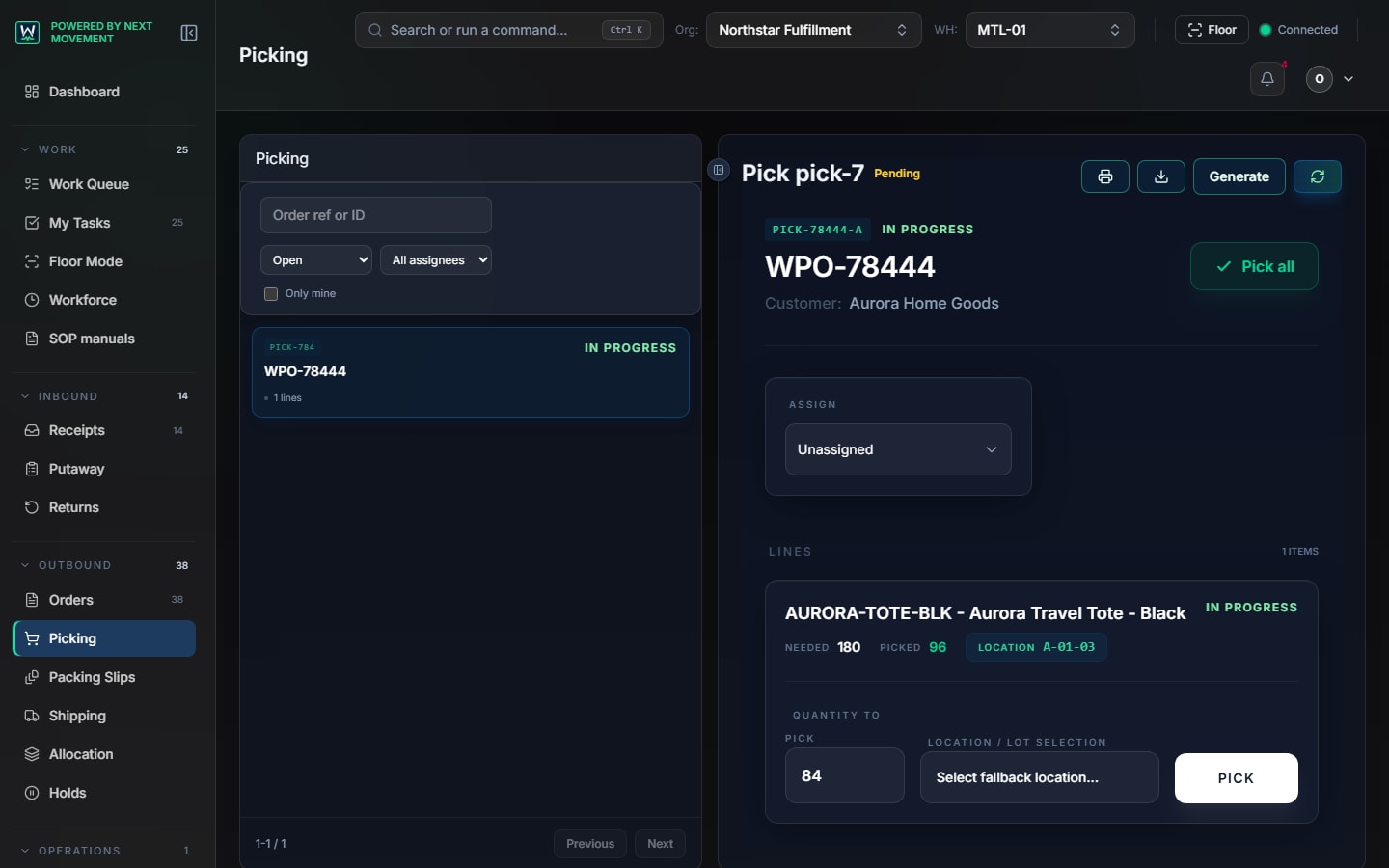 WarePulse picking workspace with active pick tasks, warehouse filters, and execution actions