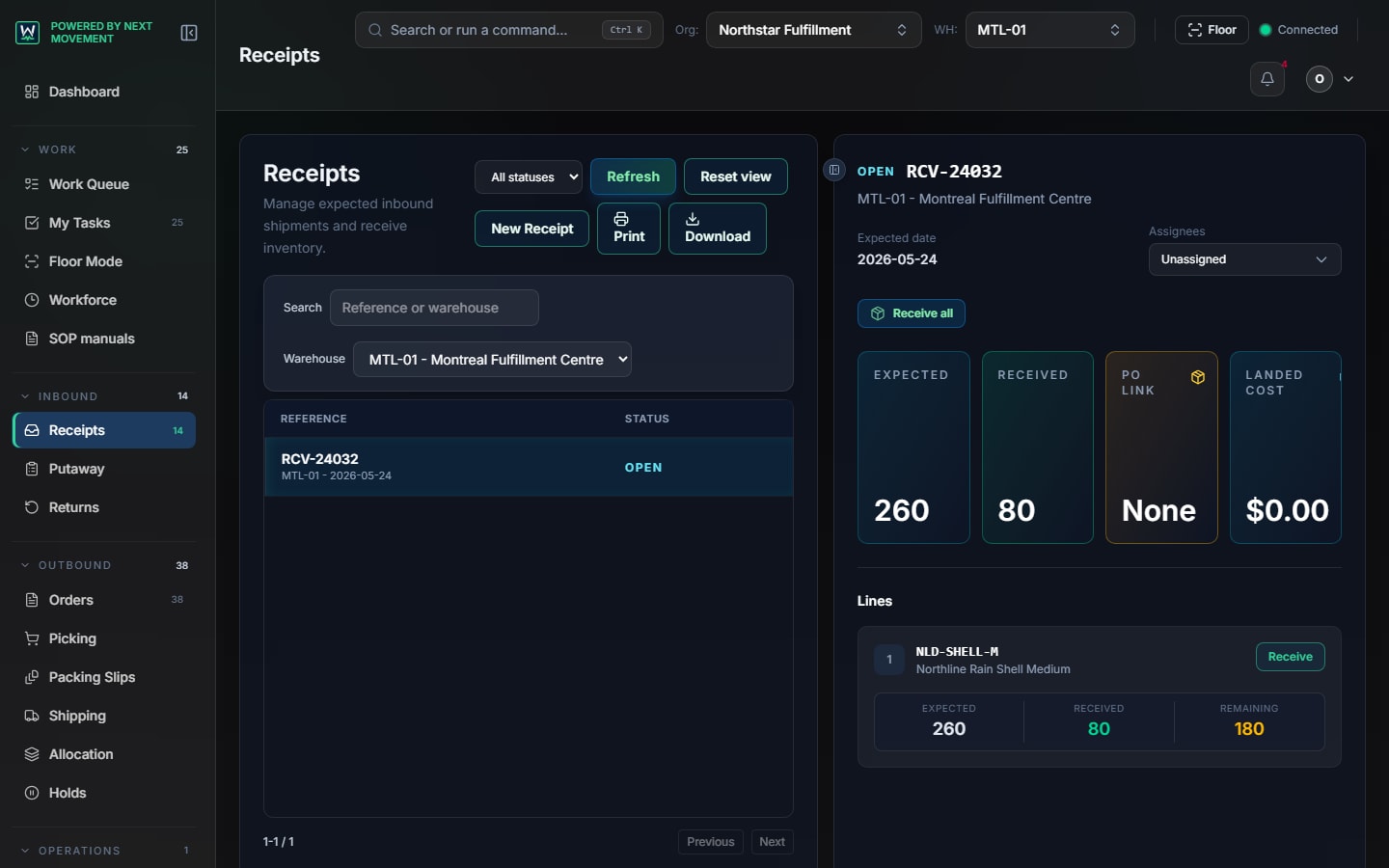 WarePulse receipts screen with inbound purchase orders, received quantities, and dock activity
