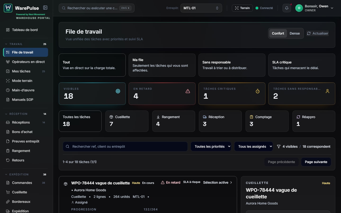 File de travail WarePulse avec tâches d’inventaire cyclique pour une équipe entrepôt